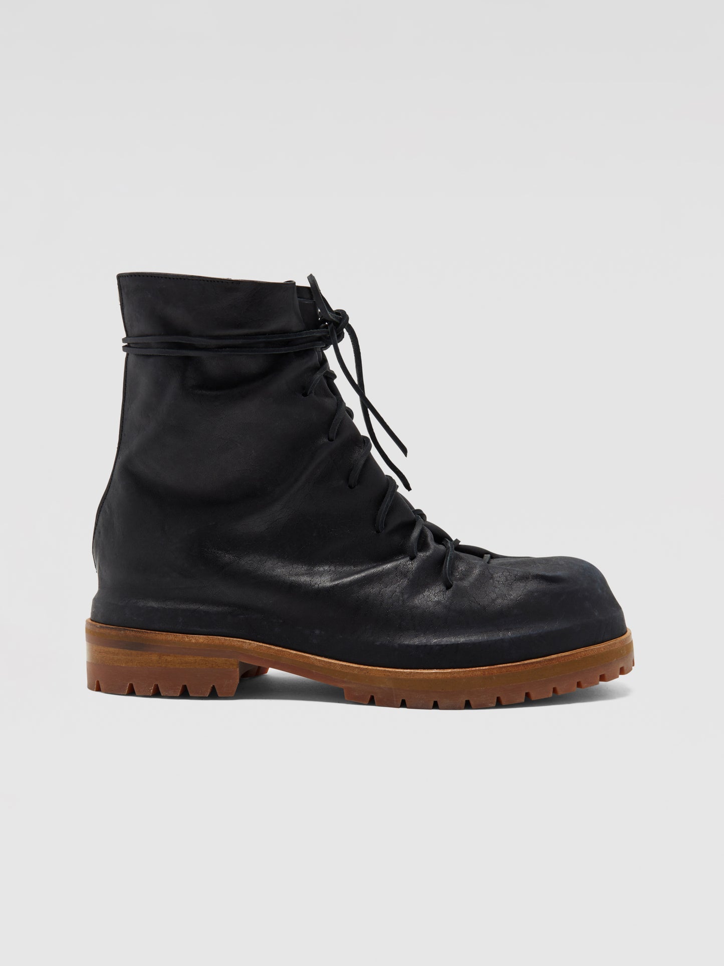 BLACK DISTRESSED LEATHER LACE-UP BOOTS