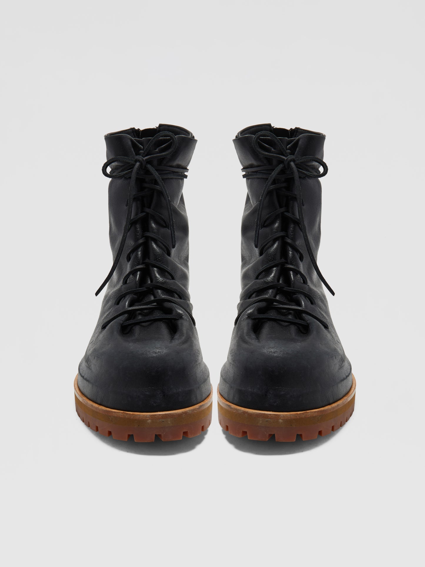 BLACK DISTRESSED LEATHER LACE-UP BOOTS