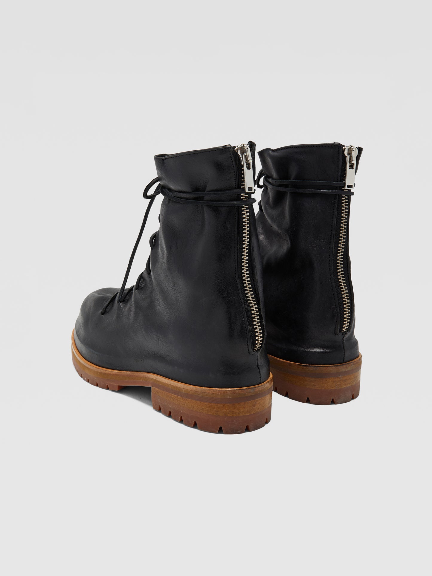 BLACK DISTRESSED LEATHER LACE-UP BOOTS