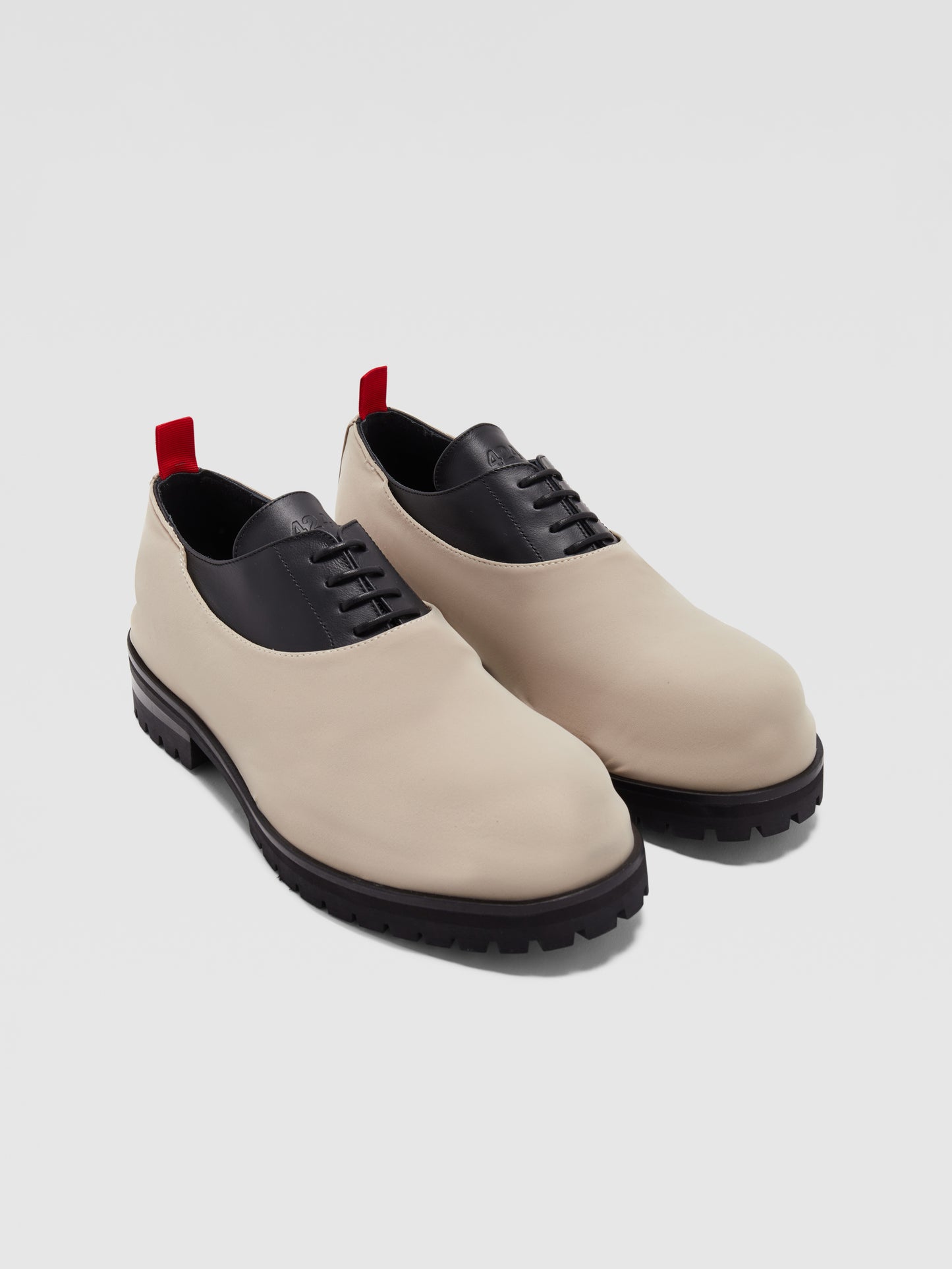 BLACK AND BEIGE OVERLAY DERBYS