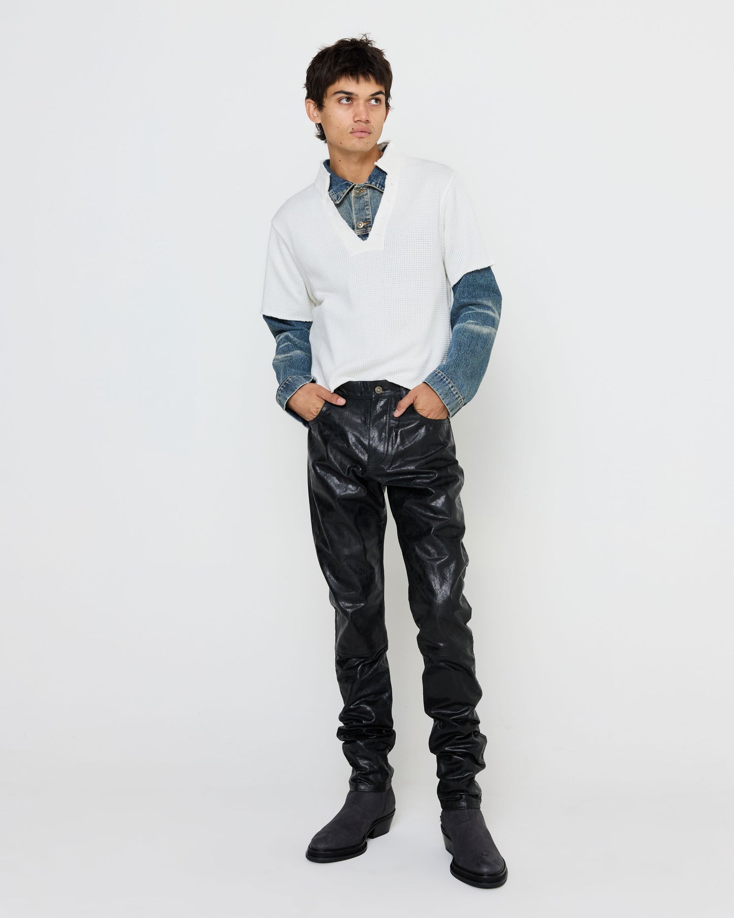 Five Pocket Paper Leather Pant in Black