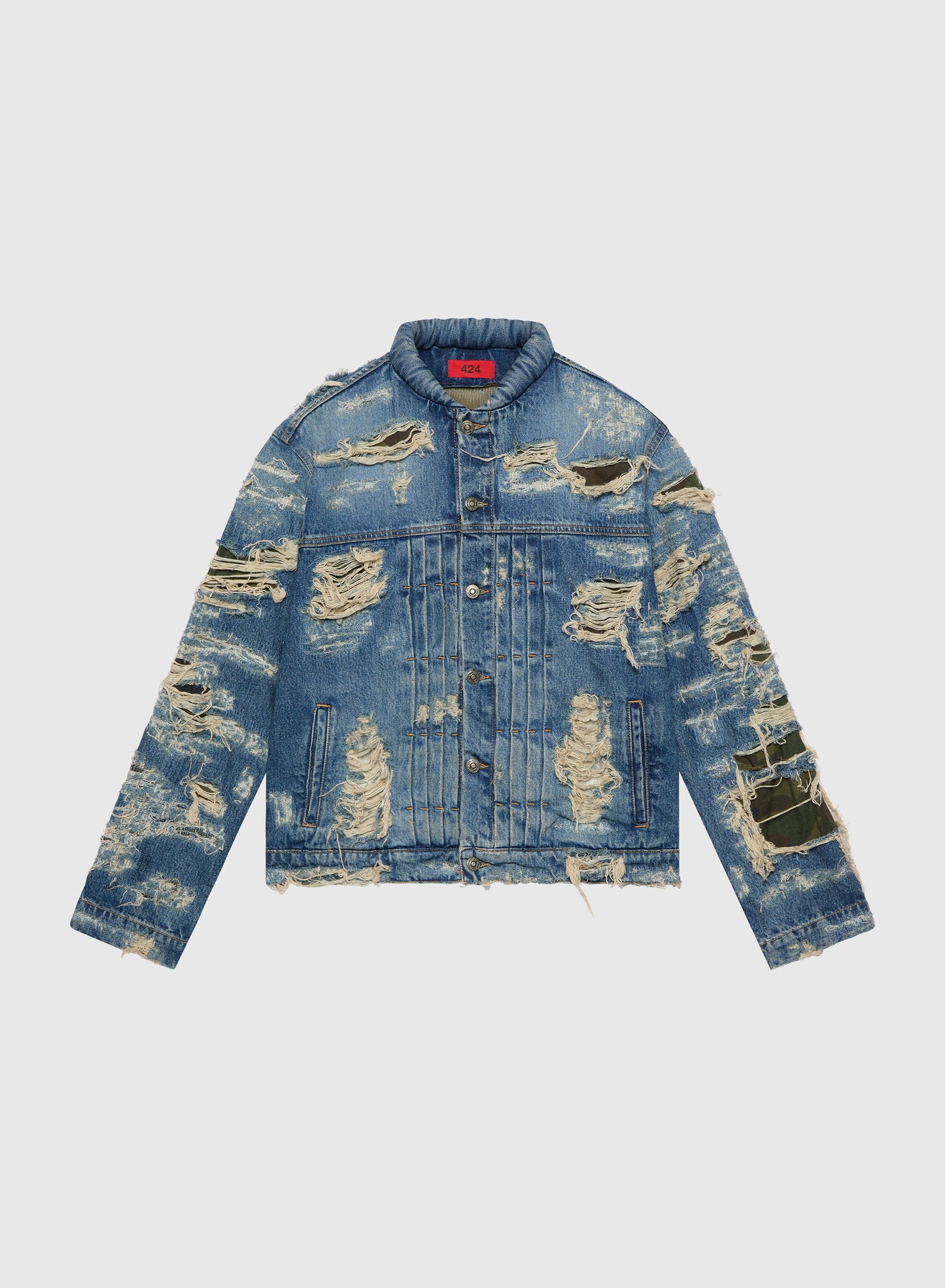 424 Collection Denim Trucker Blue Repaired Camo Patches