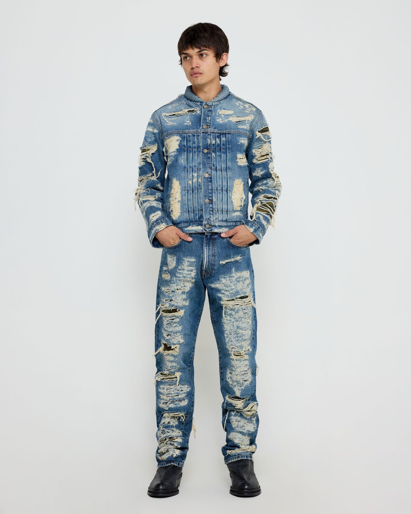 424 Collection Denim Trucker Blue Repaired Camo Patches