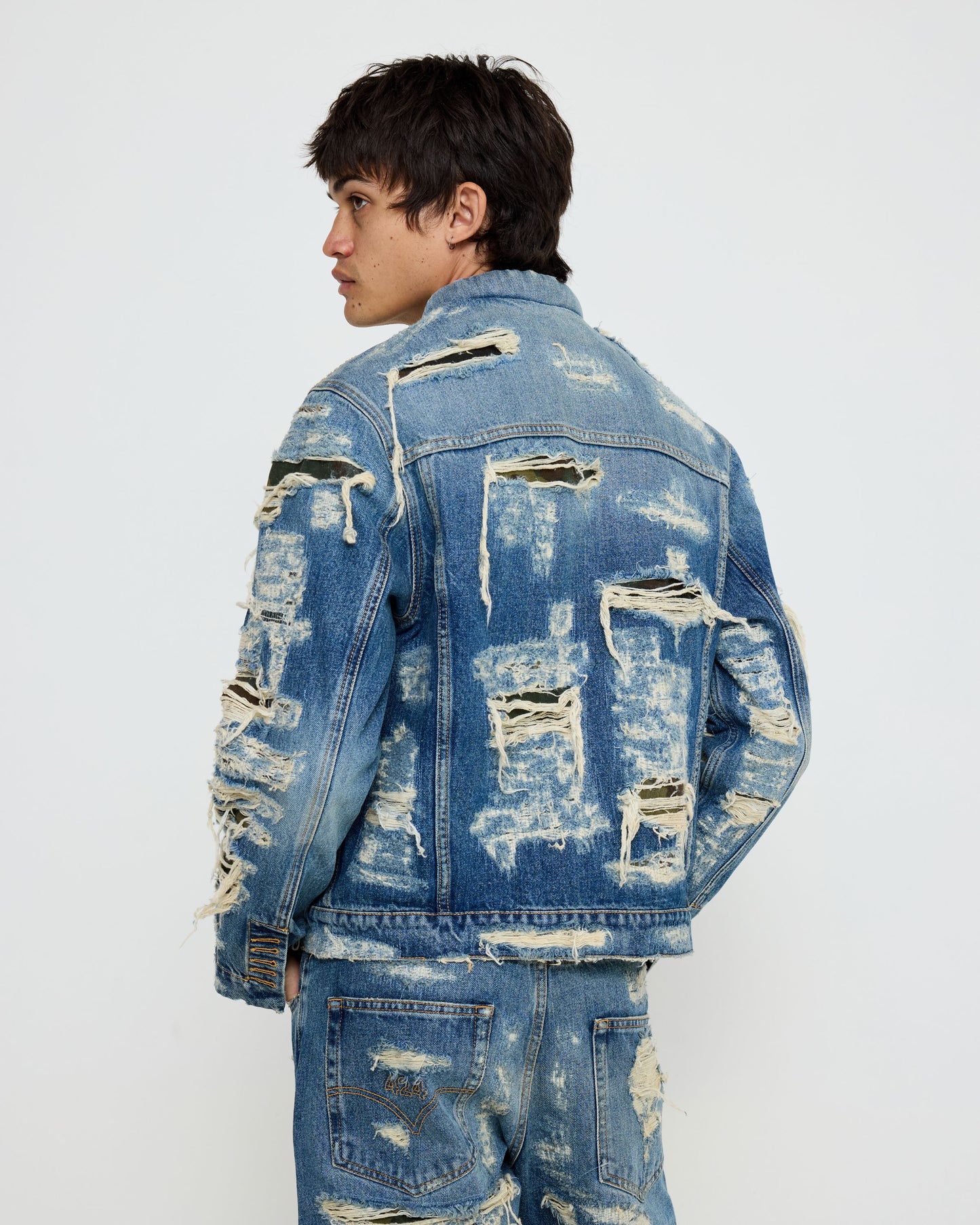 424 Collection Denim Trucker Blue Repaired Camo Patches
