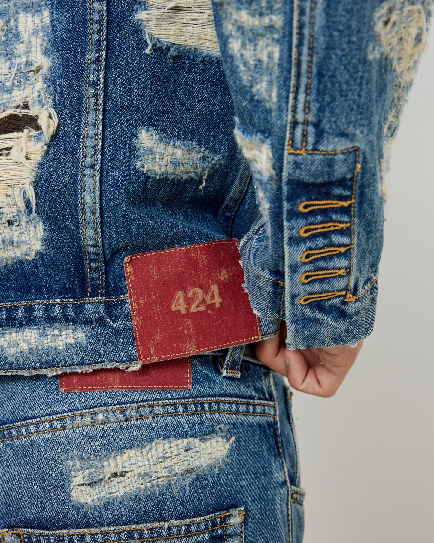 424 Collection Denim Trucker Blue Repaired Camo Patches
