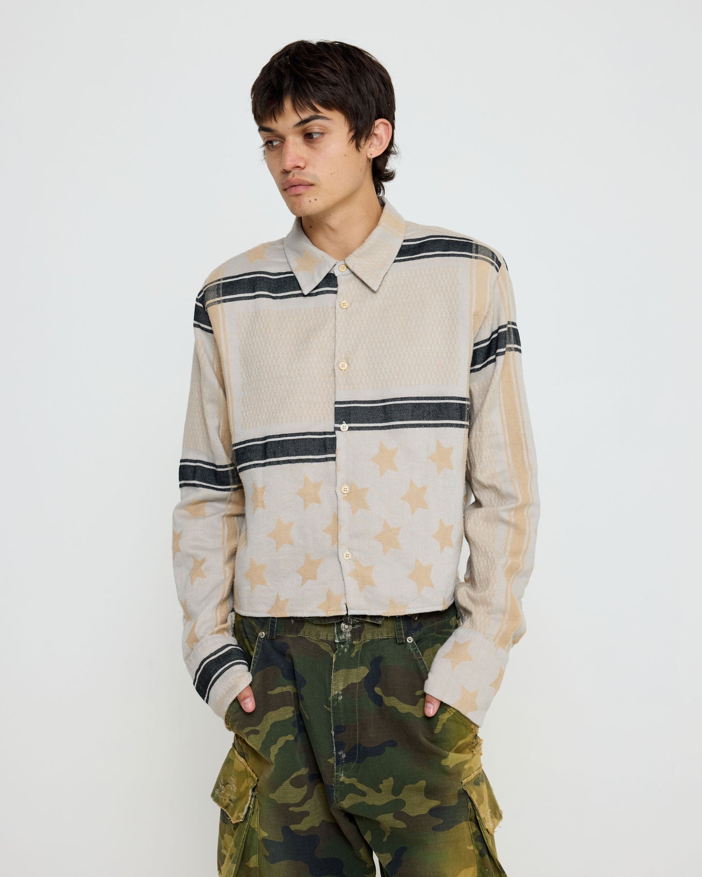 Cropped Shirt With Shoulder Pad Sand Navy Dye