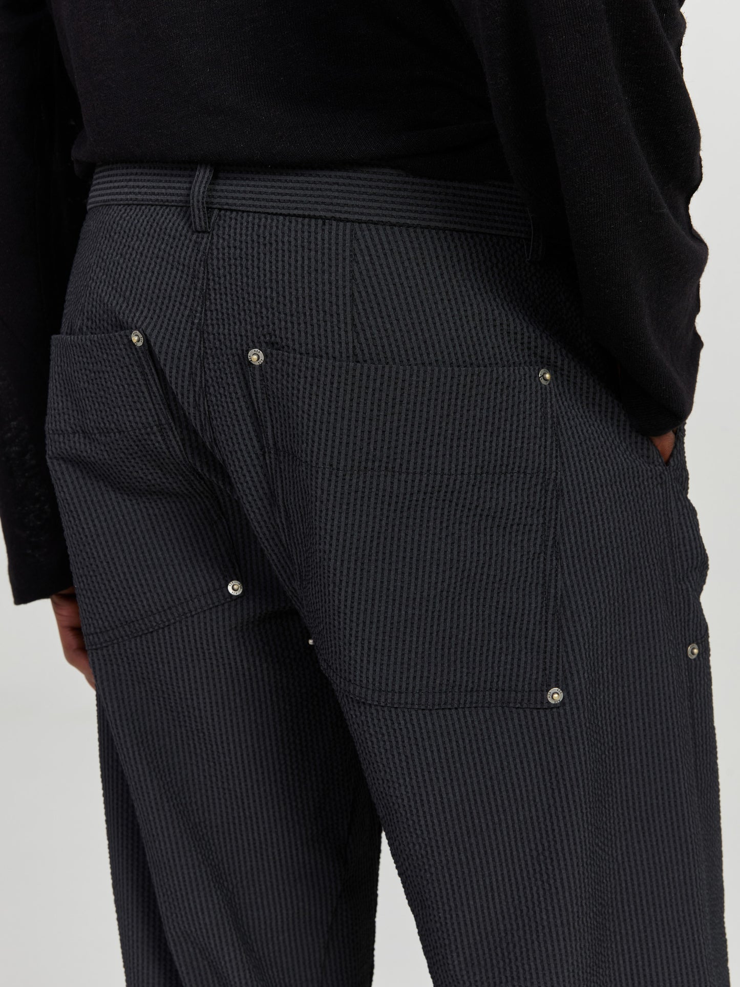 BLACK PINSTRIPE PANELED TROUSERS