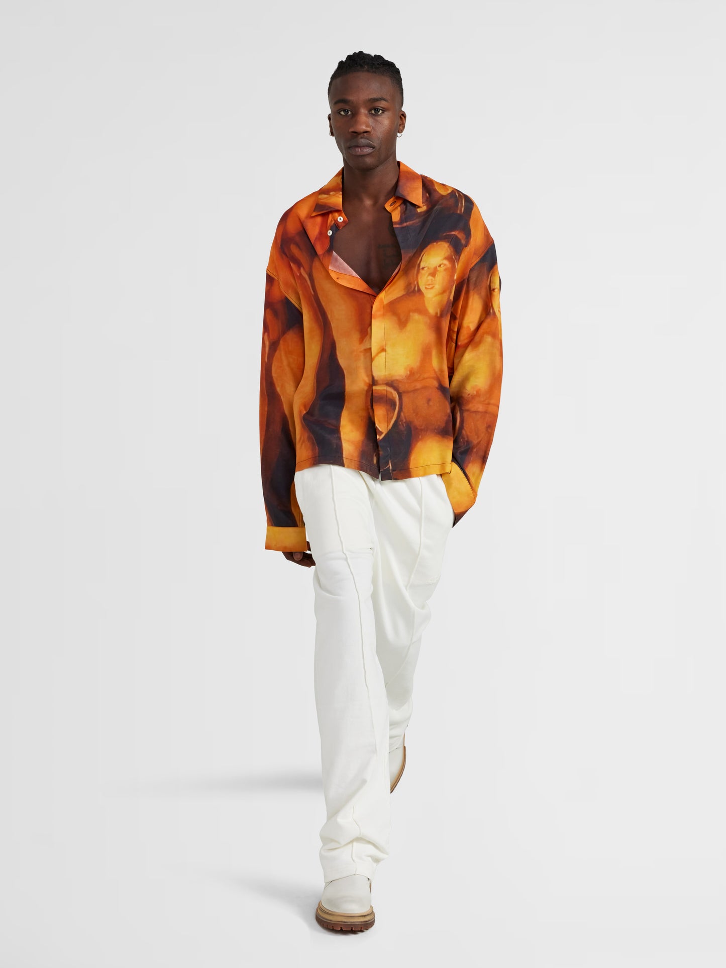 ORANGE PRINTED BUTTON UP