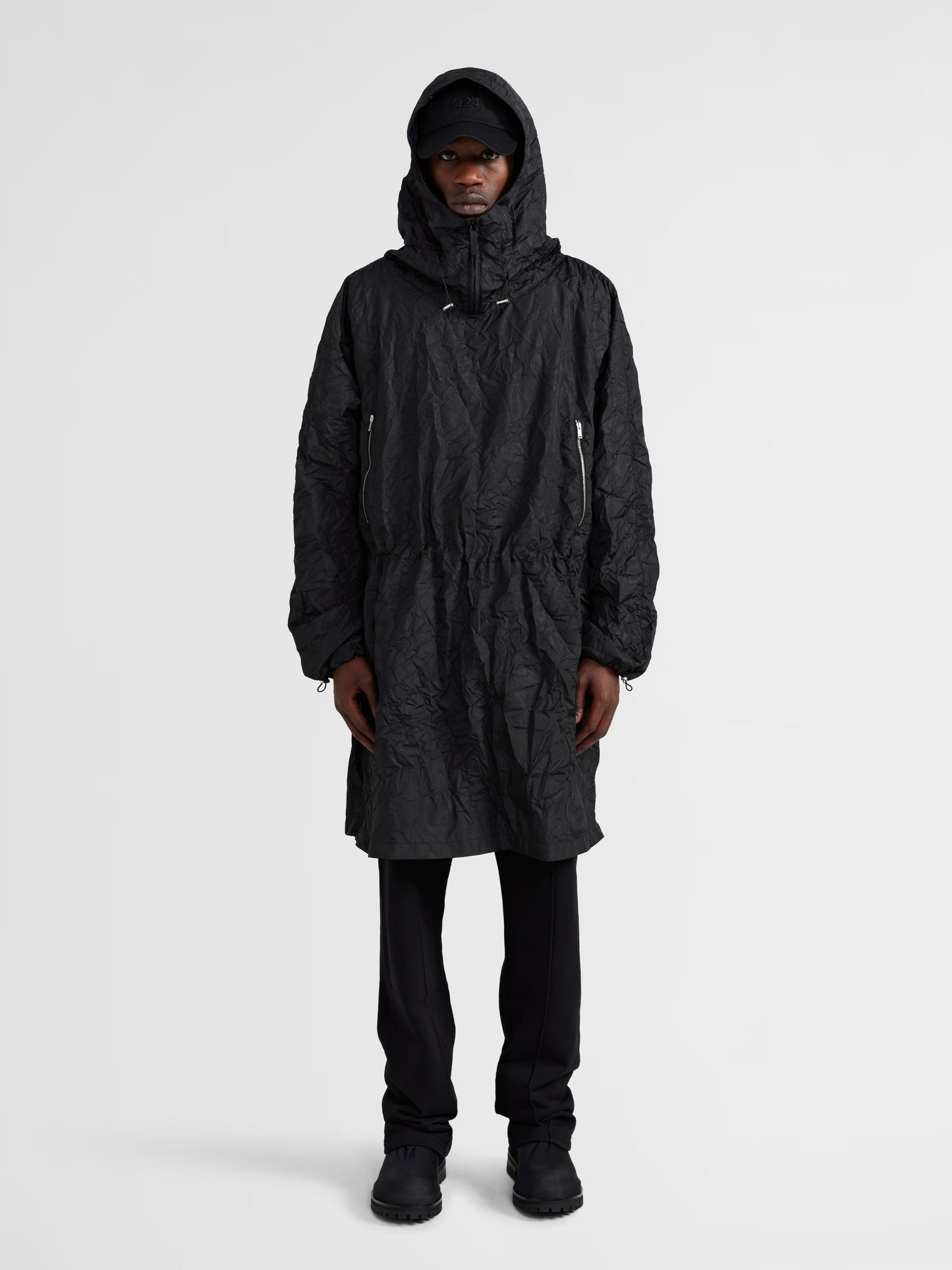 BLACK CRUMPLED EFFECT ANORAK COAT