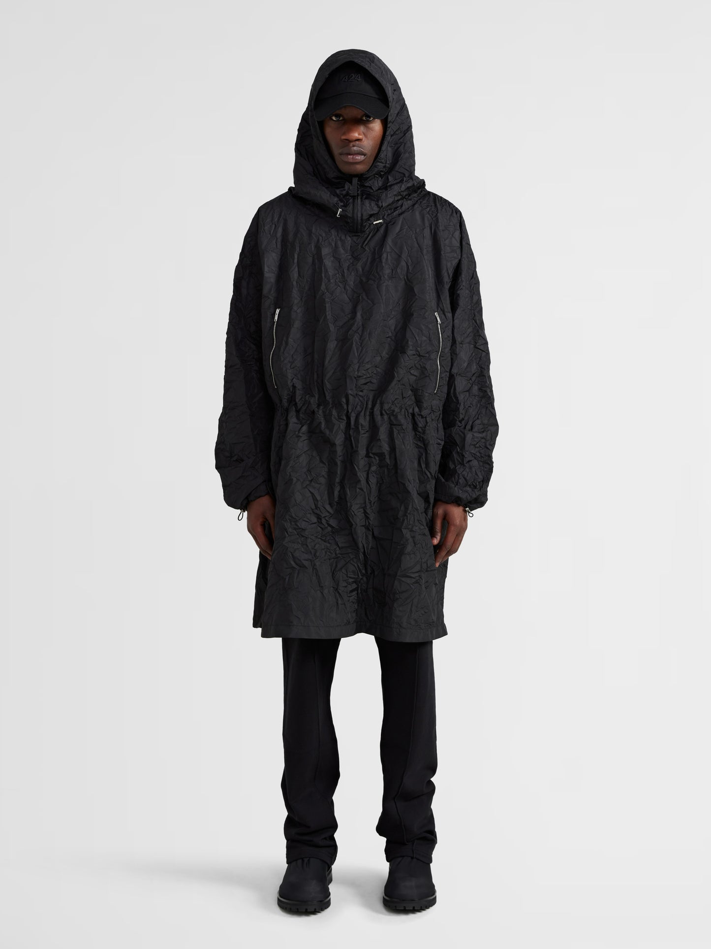 BLACK CRUMPLED EFFECT ANORAK COAT