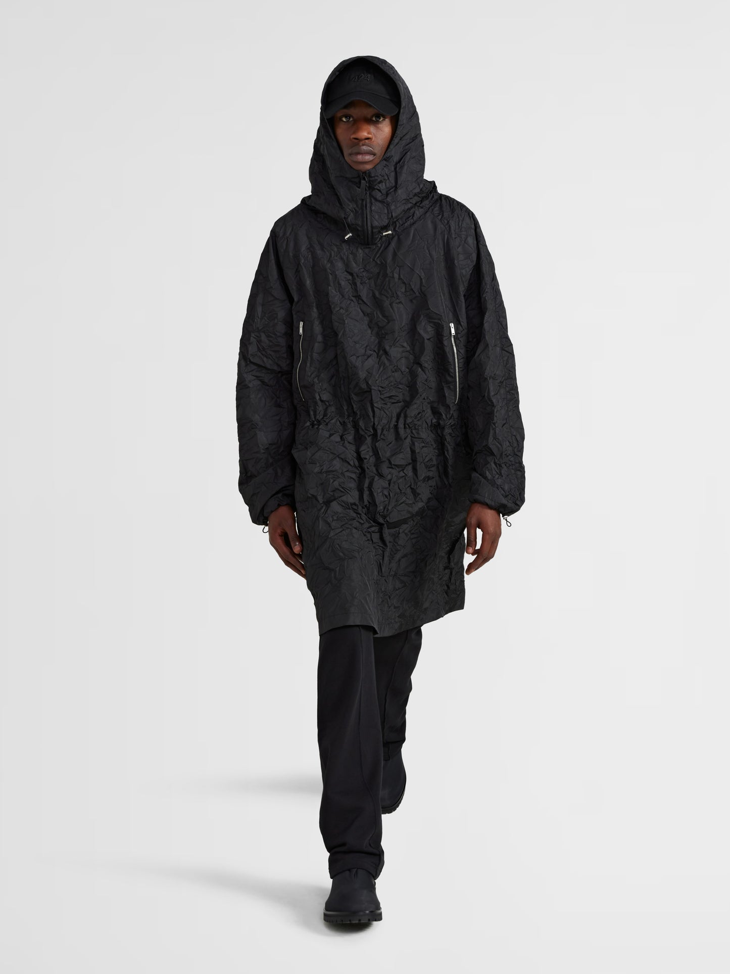BLACK CRUMPLED EFFECT ANORAK COAT