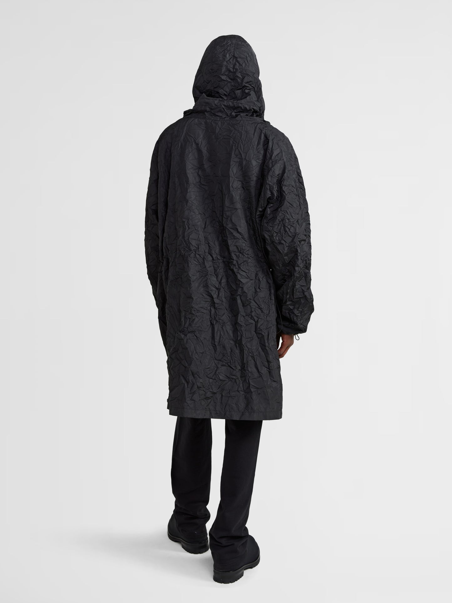 BLACK CRUMPLED EFFECT ANORAK COAT