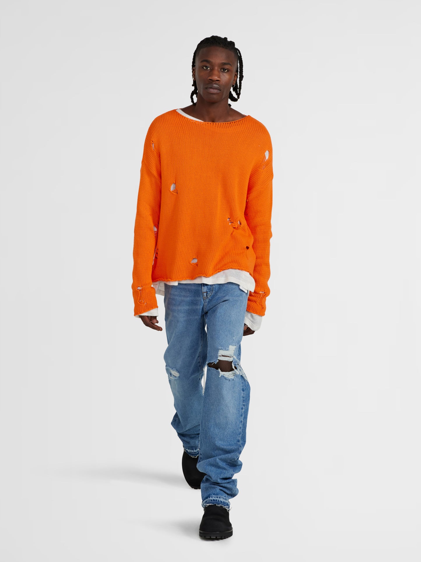 ORANGE DISTRESSED KNIT SWEATER