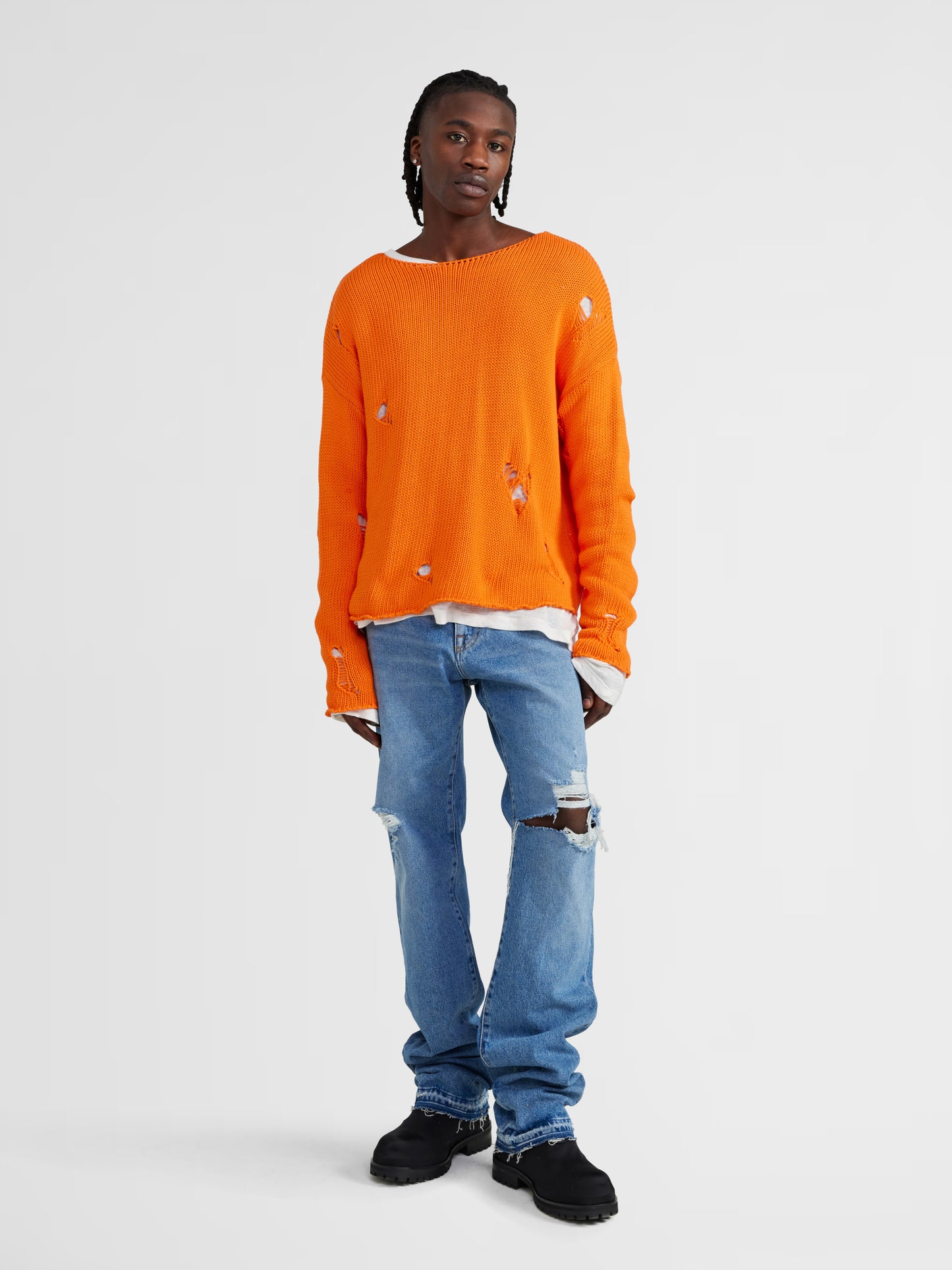ORANGE DISTRESSED KNIT SWEATER