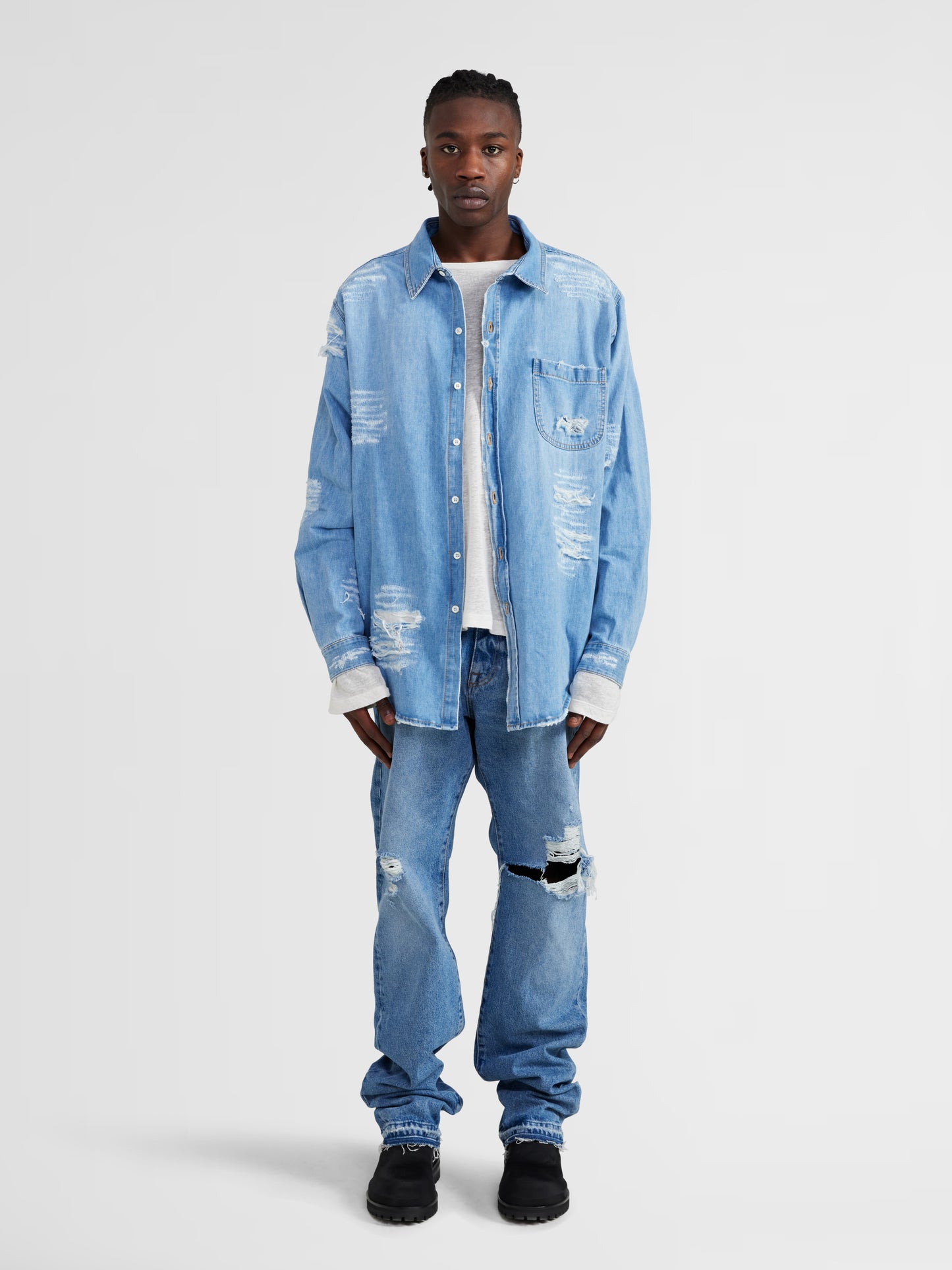 DISTRESSED DENIM BUTTON UP
