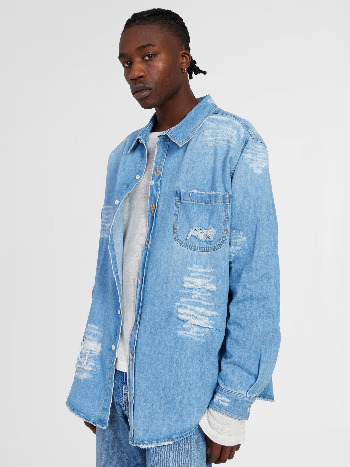 DISTRESSED DENIM BUTTON UP