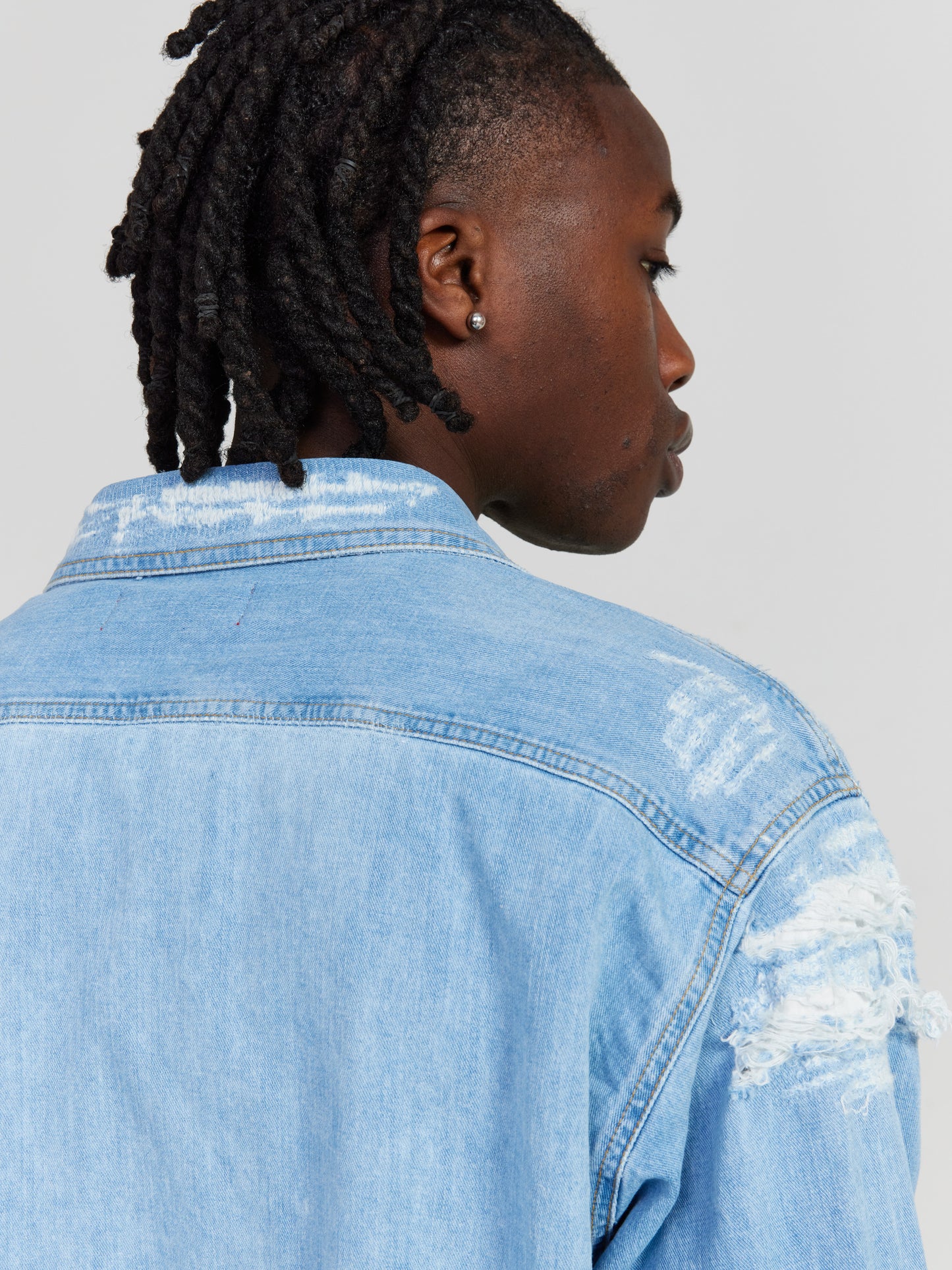 DISTRESSED DENIM BUTTON UP