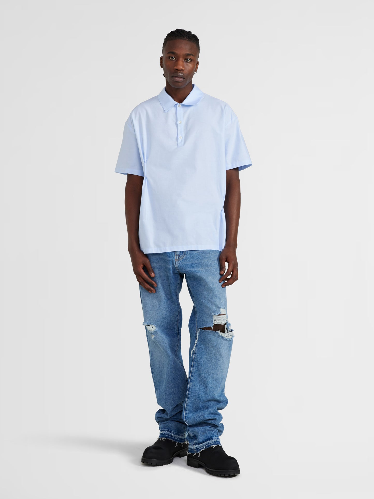 PLEATED BLUE SHORT SLEEVE