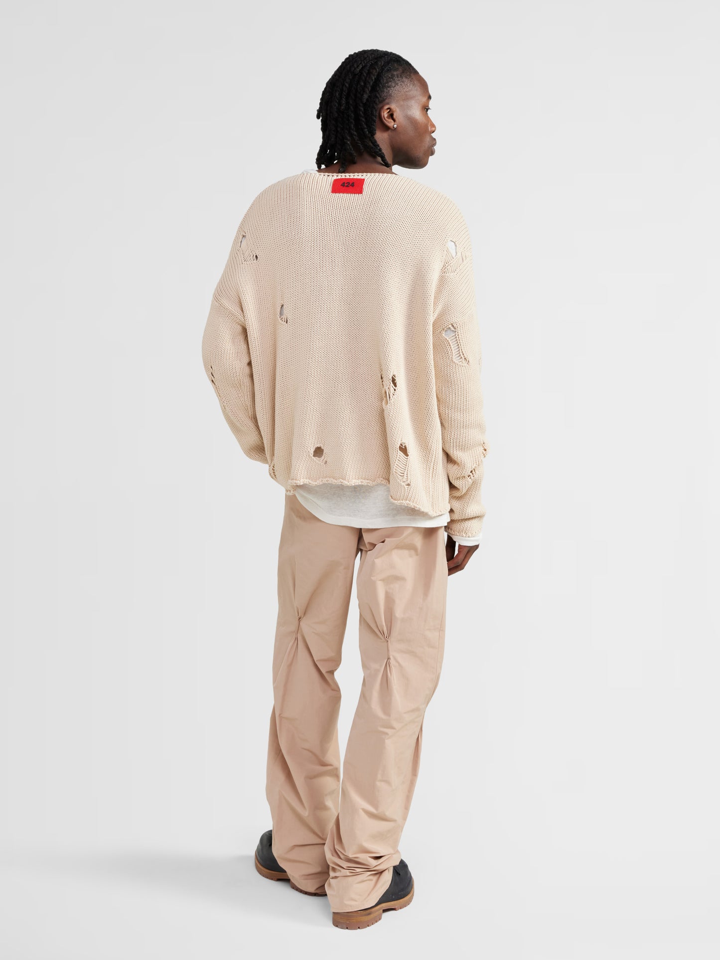 BEIGE DISTRESSED KNIT SWEATER