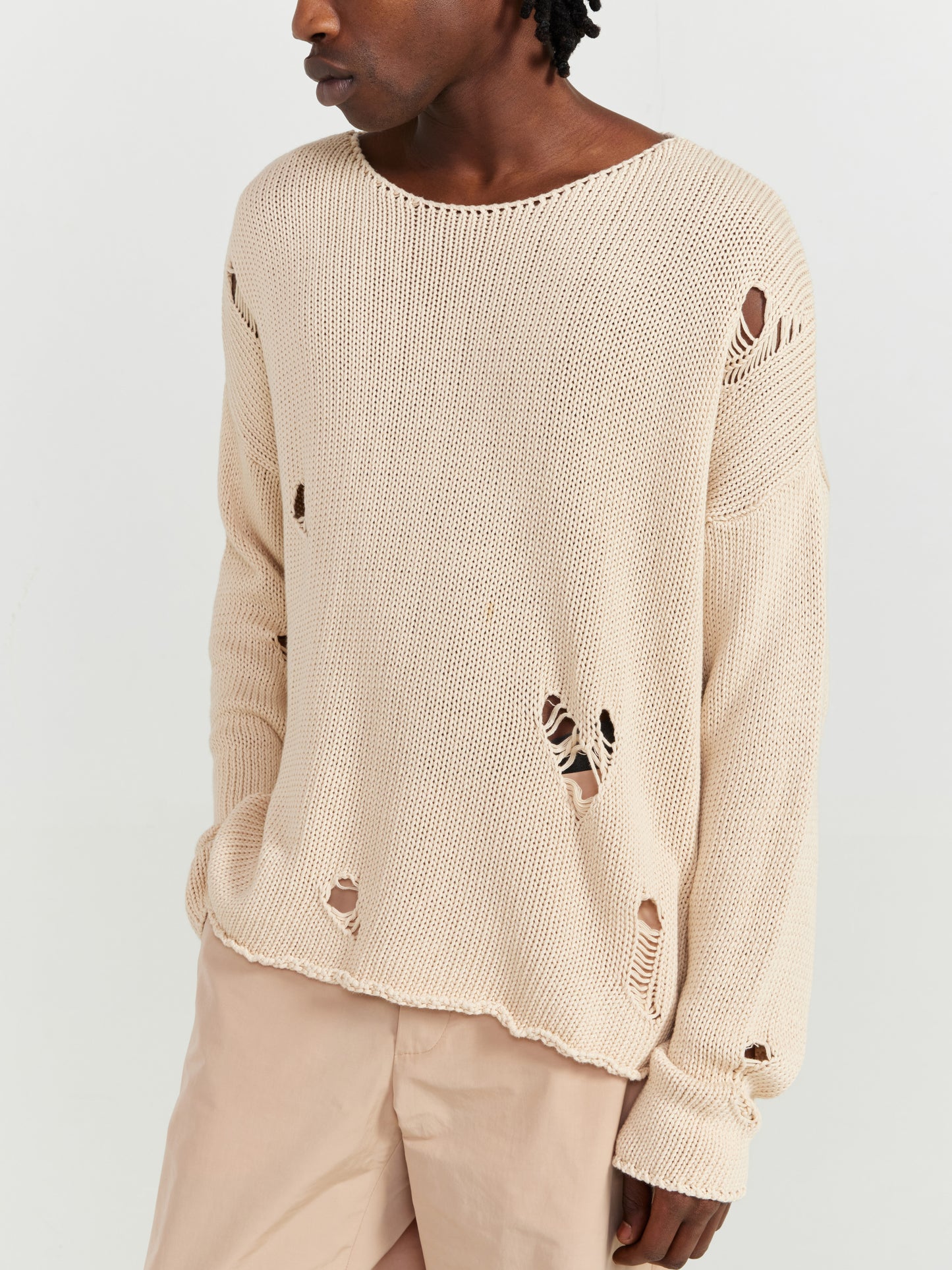 BEIGE DISTRESSED KNIT SWEATER