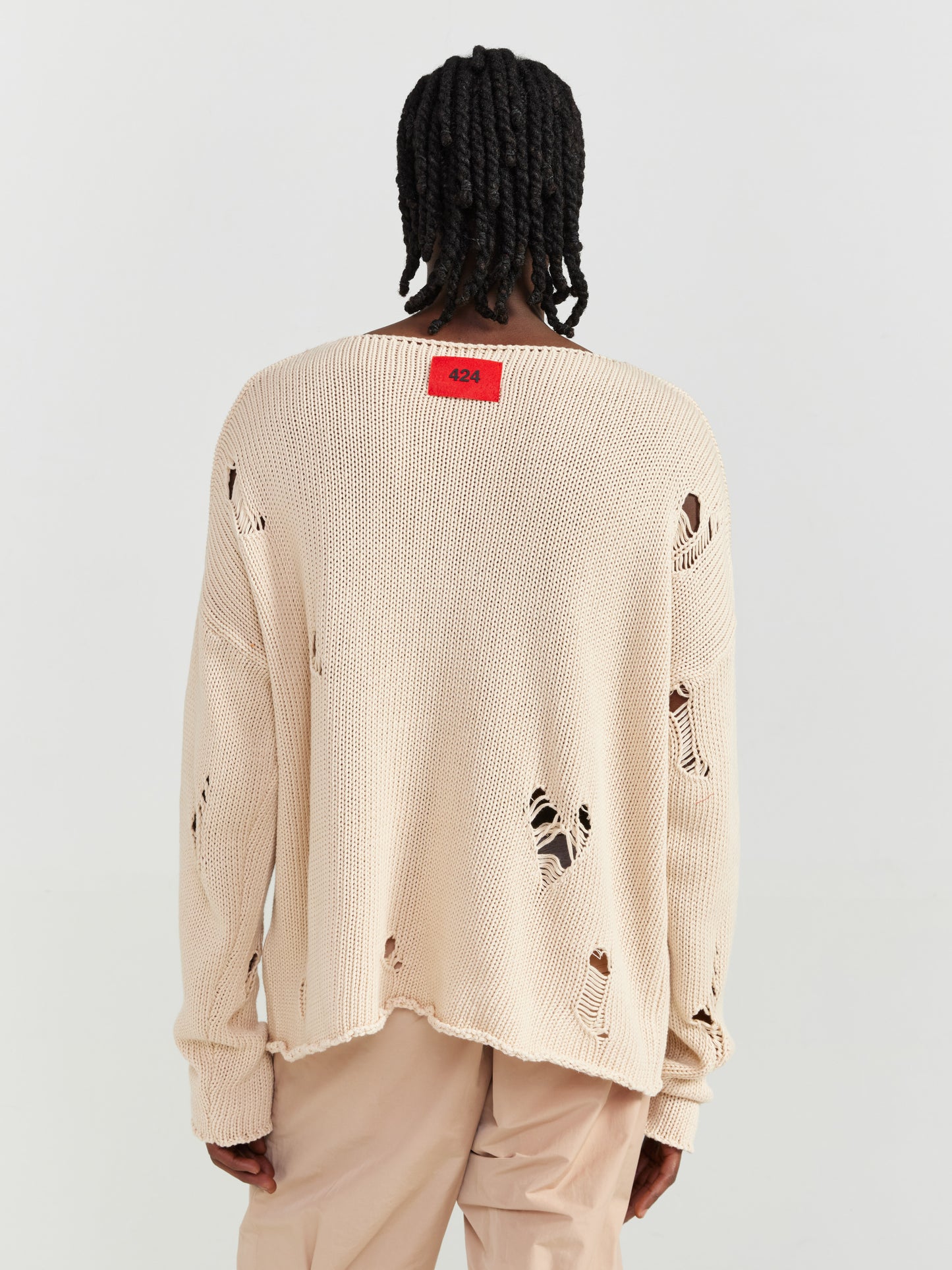 BEIGE DISTRESSED KNIT SWEATER