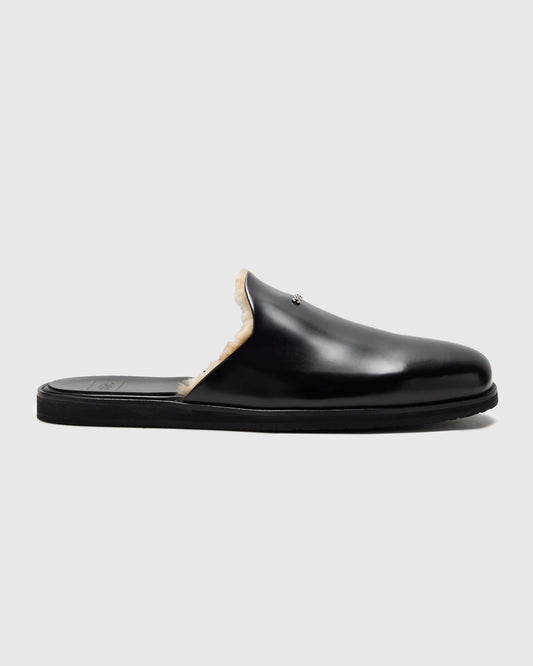 LEATHER AND SHEARLING SLIDES IN BLACK