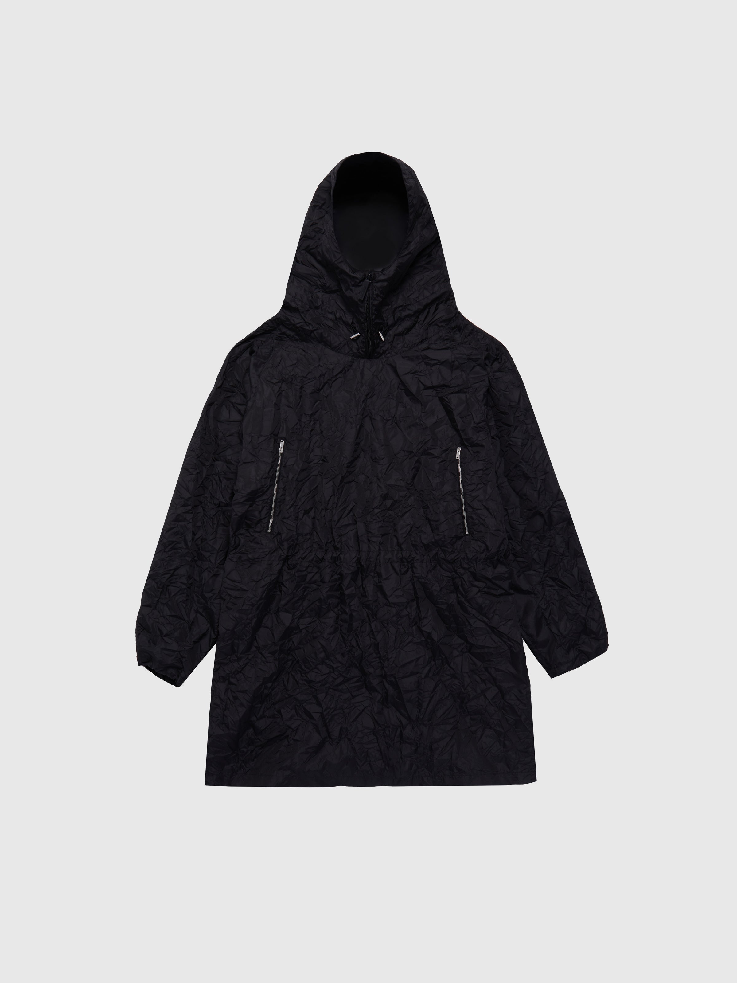 Black Long Crumpled Effect Anorak Coat with Bungee Drawstring by 424