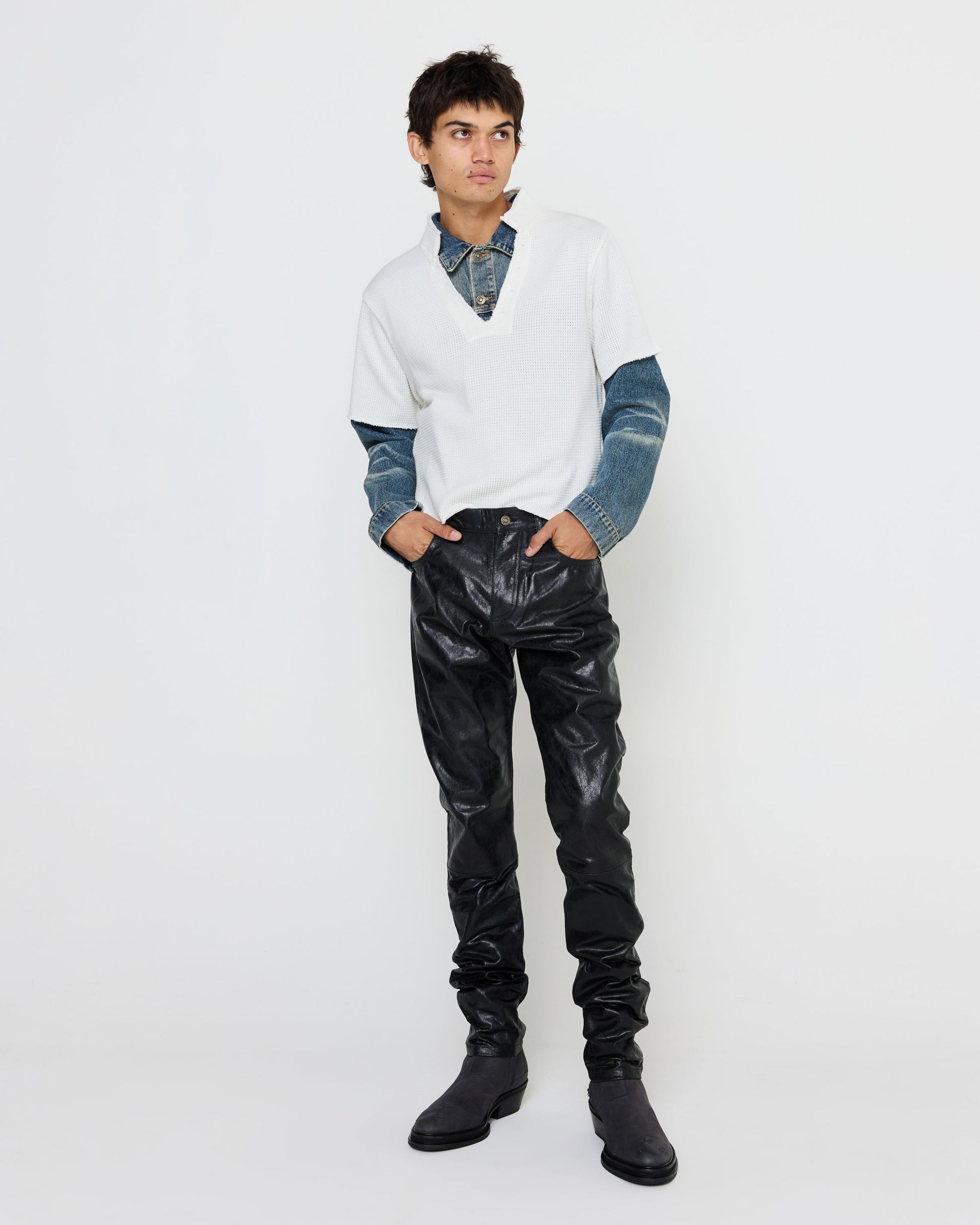 Five Pocket Paper Leather Pant in Black