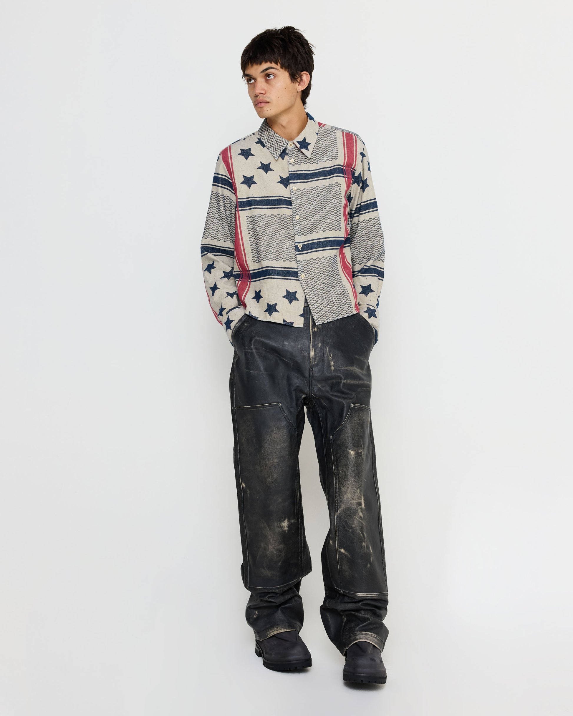 Leather Washed Textured Work Pant in Black