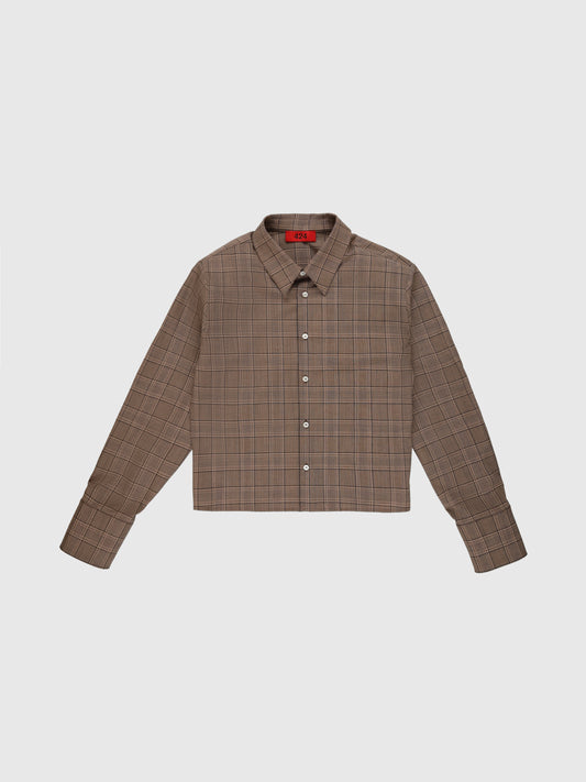 Cropped Shirt With Shoulder Pads in Plaid Brown