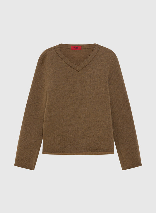 V NECK SWEATER DOUBLE KNIT IN BROWN