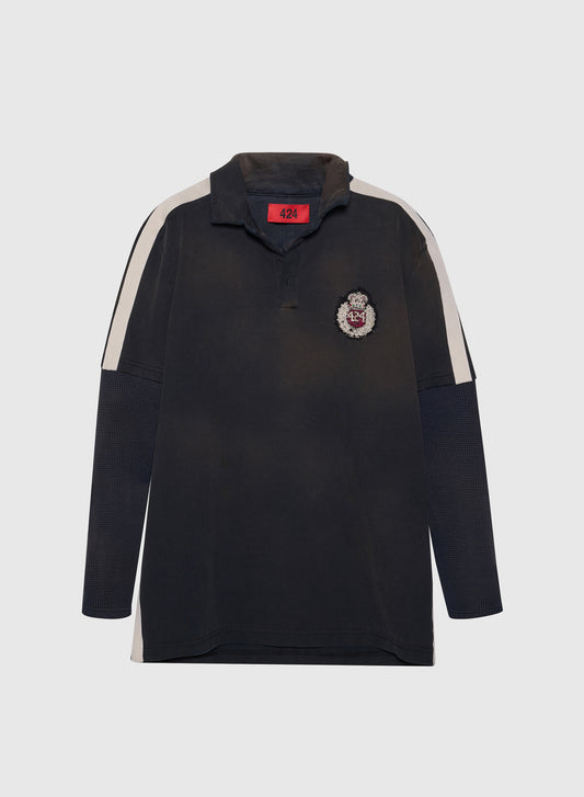 CREST POLO DOUBLE SLEEVE THERMAL JERSEY VINTAGE BLACK
