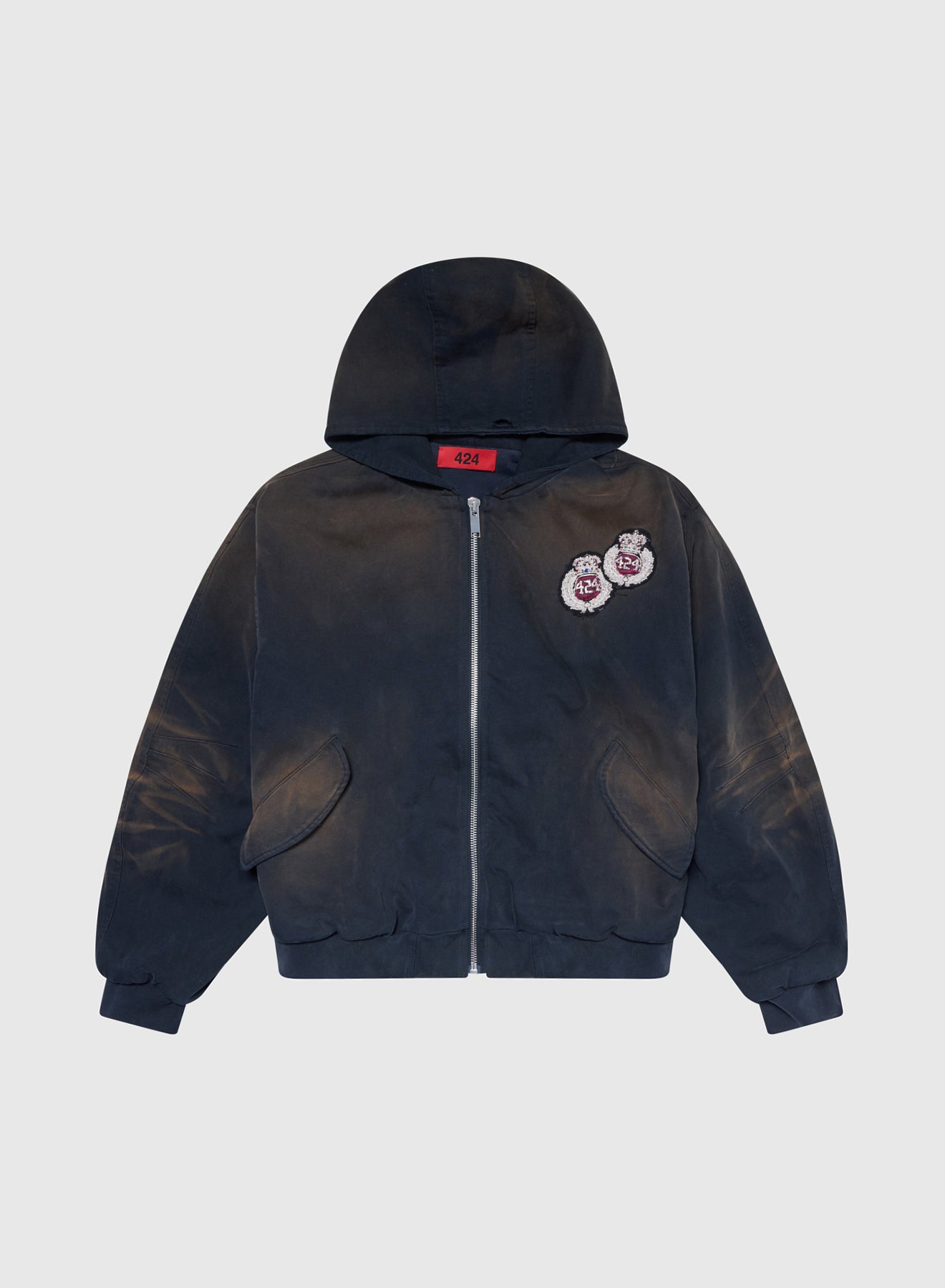 CREST HOODED BOMBER JERSEY IN VINTAGE BLACK