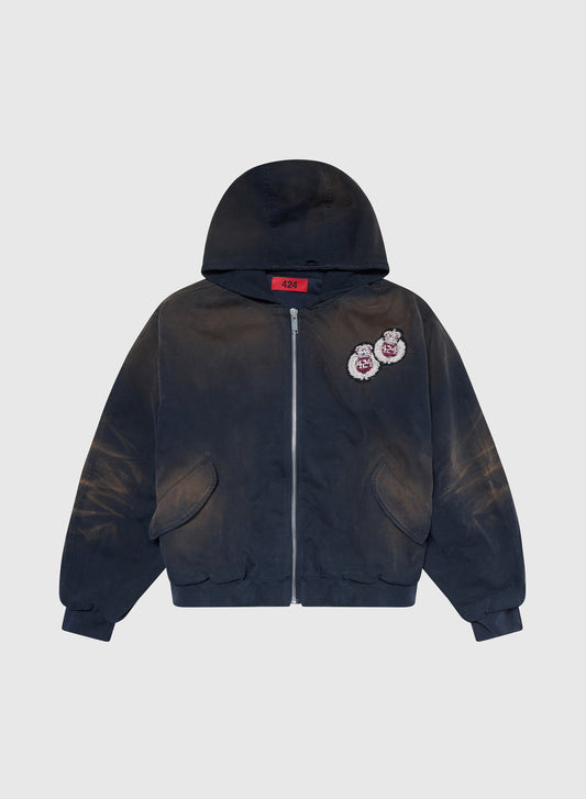 CREST HOODED BOMBER JERSEY IN VINTAGE BLACK