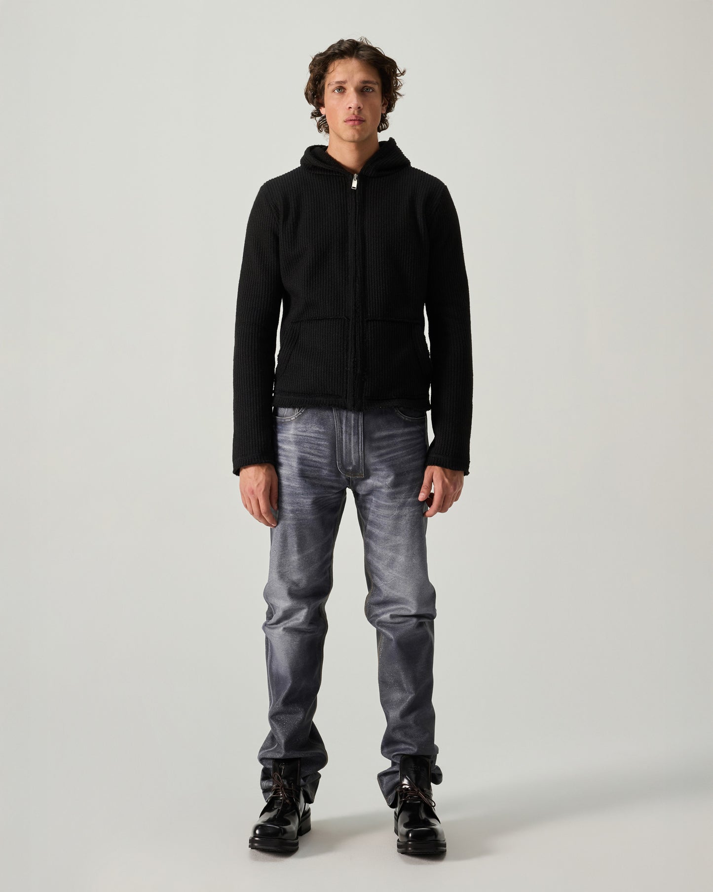 BABY HOODIE ENGLISH RIB KNIT IN BLACK