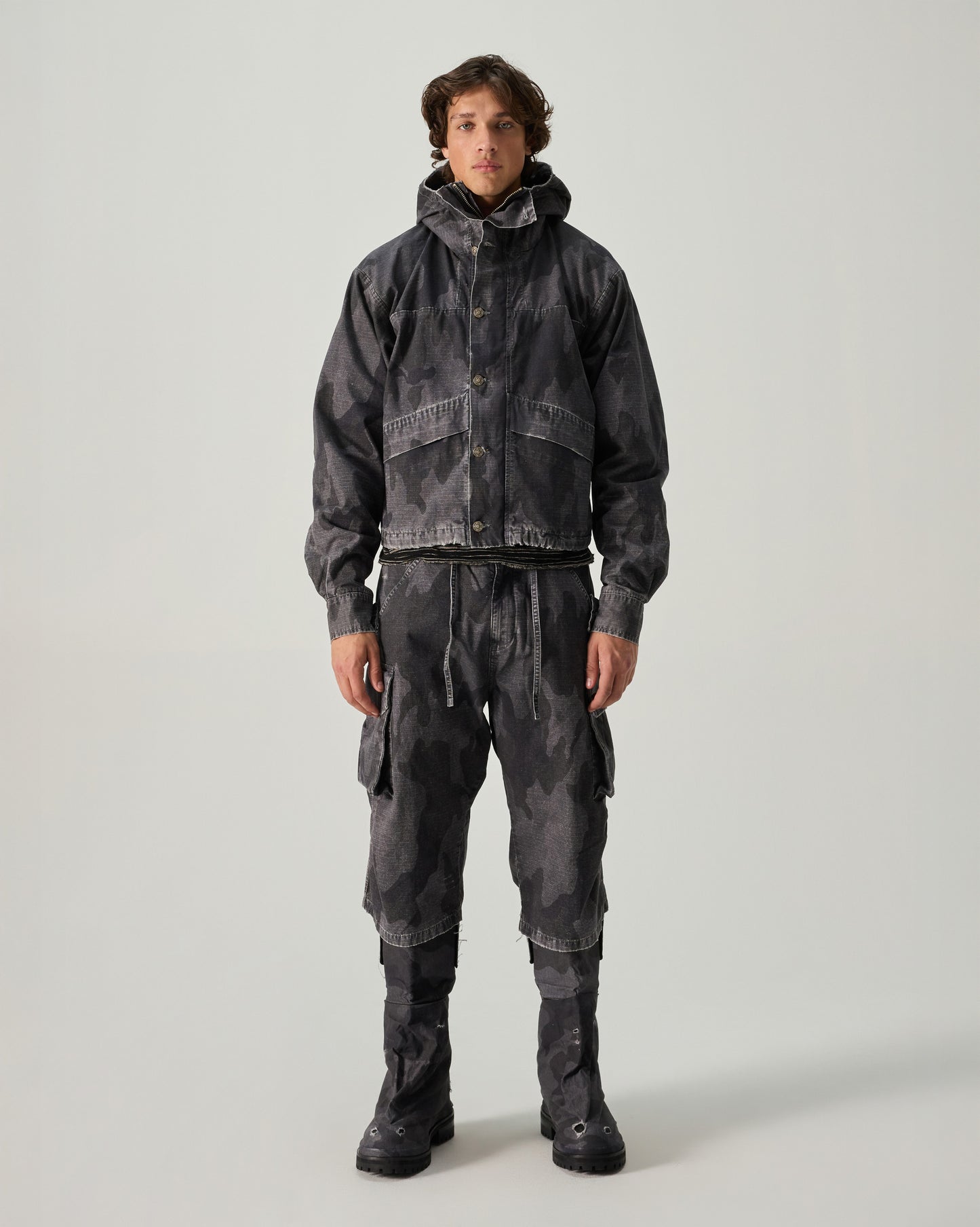 CROPPED PARKA DOUBLE FACED RIP STOP IN BLACK