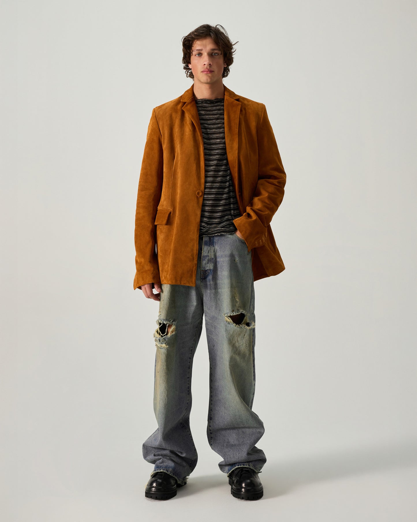 ONE BUTTON BLAZER CORDUROY LEATHER IN CARAMEL